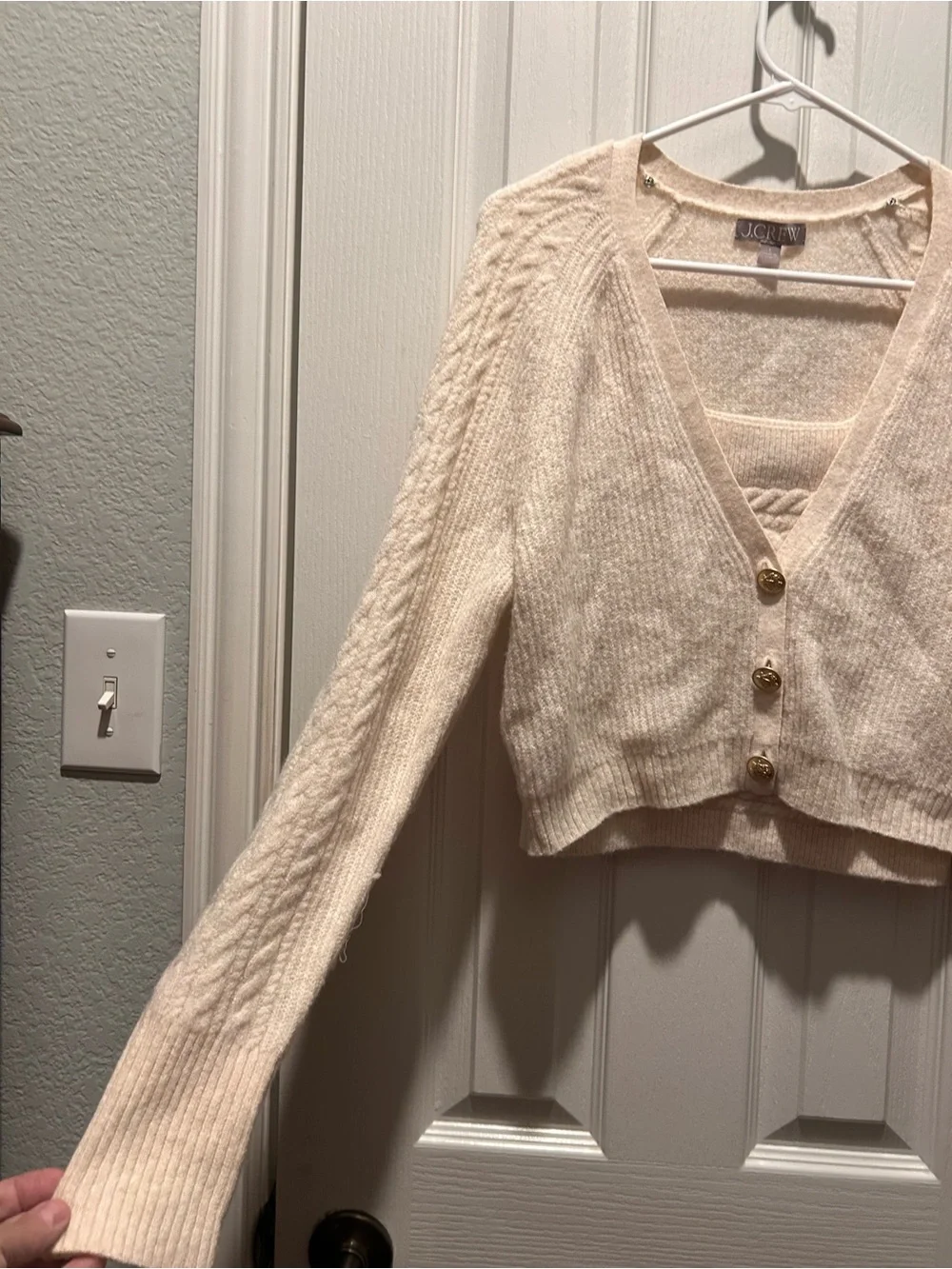 J. Crew Cream Cable-Detail Button Cardigan with matching tank top sweater